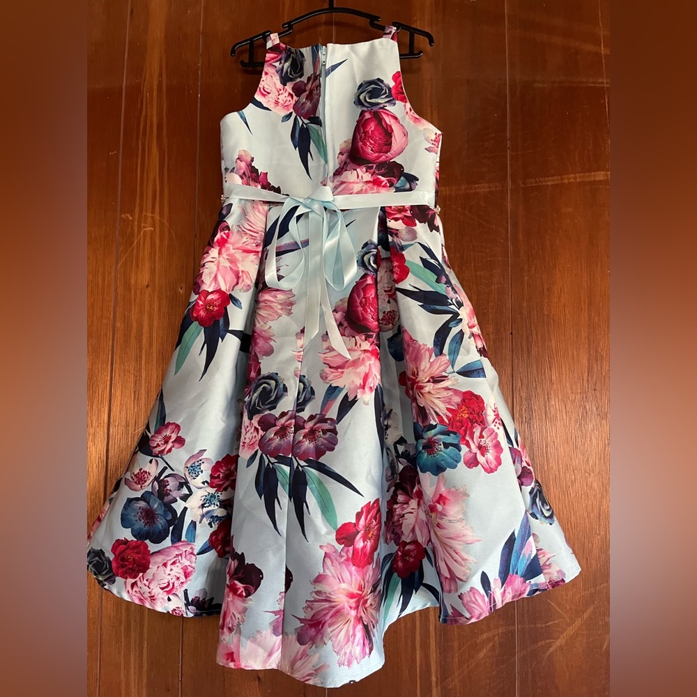 pink and blue floral dress with fancy waist band